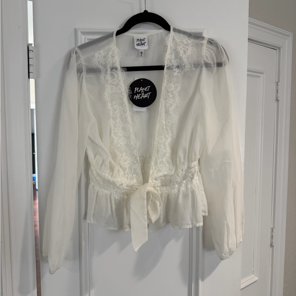 Sheer White Lace Blouse with Tie Front